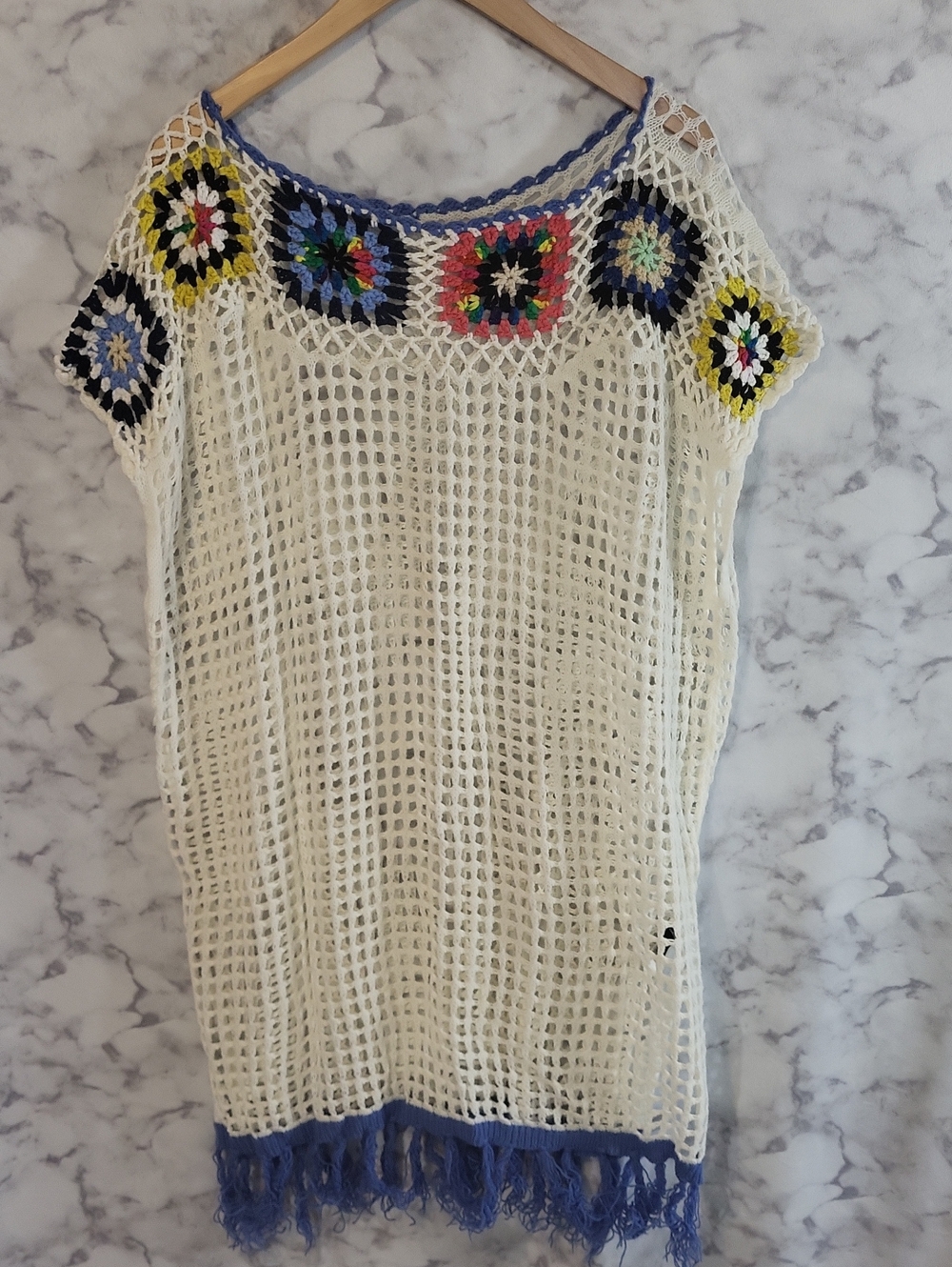 BloomChic White Crochet Beach Coverup with Multicolor Granny Squares